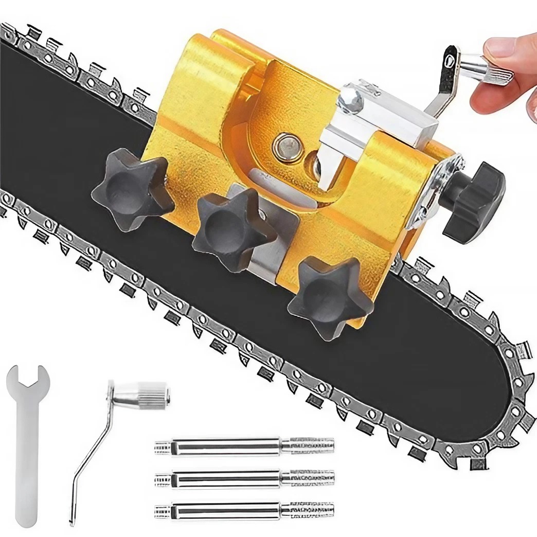 Sherem SawSharpener clamped to a chainsaw bar with wrench, crank handle and three spare burrs